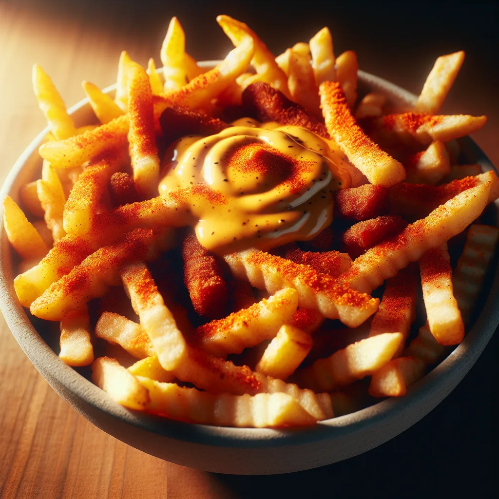 A bowl of crispy golden brown Wingstop voodoo fries with creamy cheese sauce
