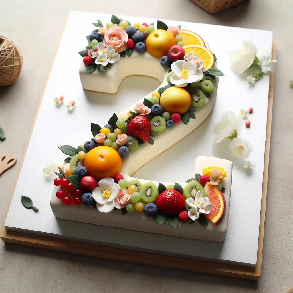 A beautifully decorated letter cake with fresh fruit and flowers sitting on a cake board