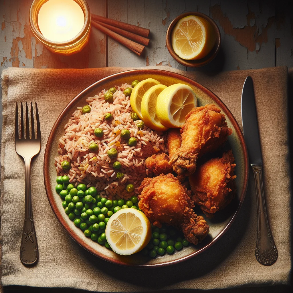 A plate of authentic Jamaican fried chicken served with rice and peas and a slice of lemon.