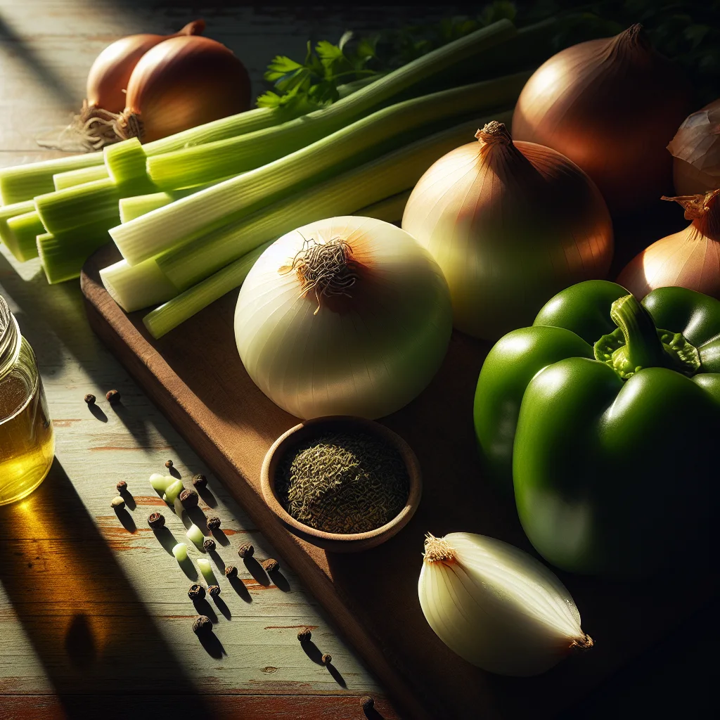 Cajun holy trinity ingredients: onions, green bell pepper, and celery.