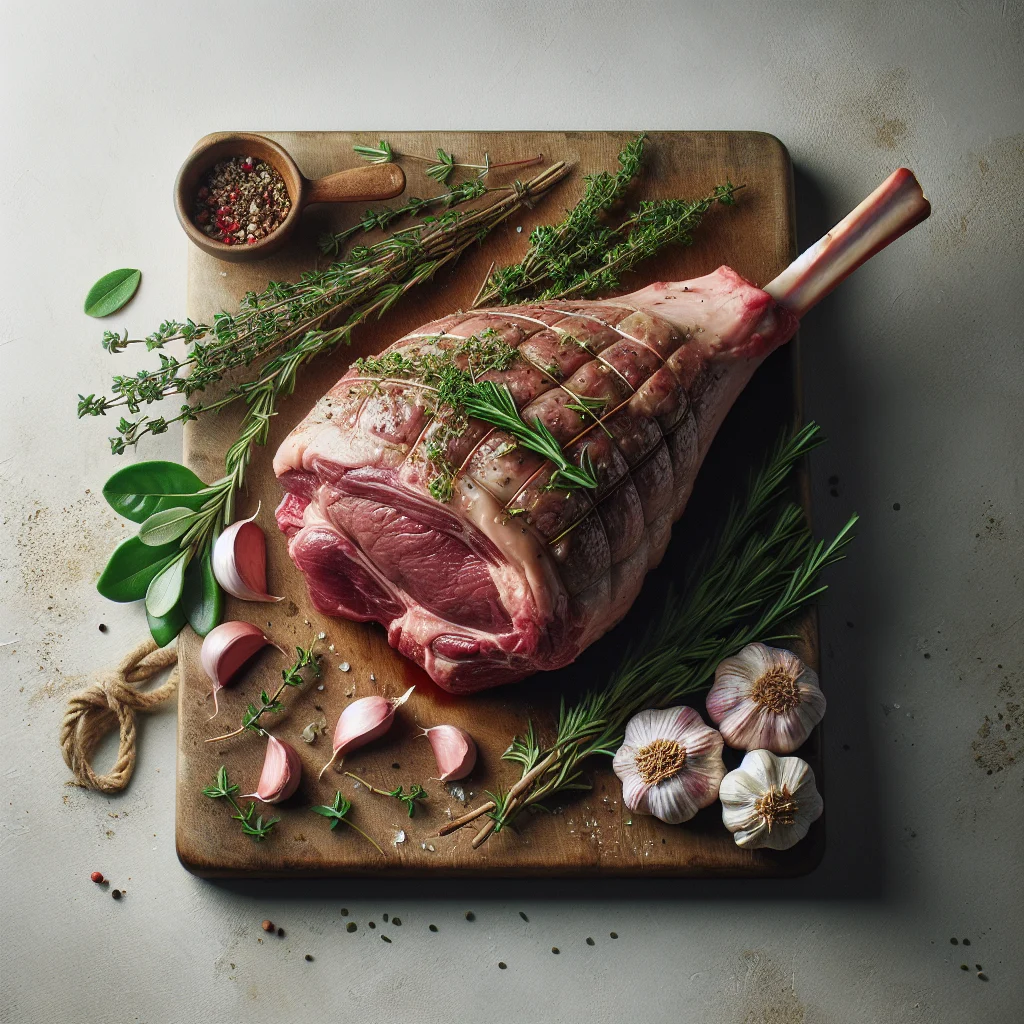 A costco boneless leg of lamb roast sitting on a cutting board with fresh herbs and garlic cloves scattered around it.