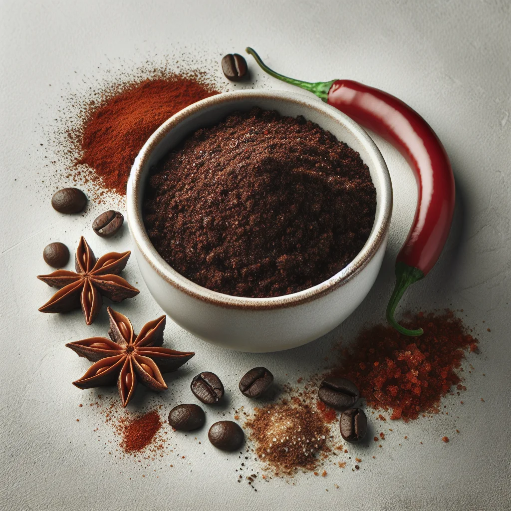 A close-up shot of a coffee brisket rub recipe mixture in a small bowl. The mixture has a rich, dark color from the ground coffee and is speckled with chili powder and brown sugar.