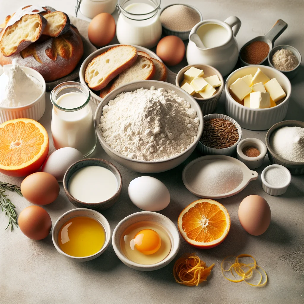 Various ingredients like bread flour, yeast, sugar, butter, milk, eggs, and citrus zest spread out on a kitchen counter.
