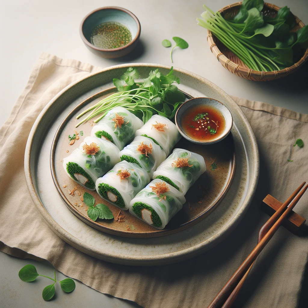 A delicious plate of Banh Cuon, Vietnamese rice rolls, served with fresh herbs and dipping sauce