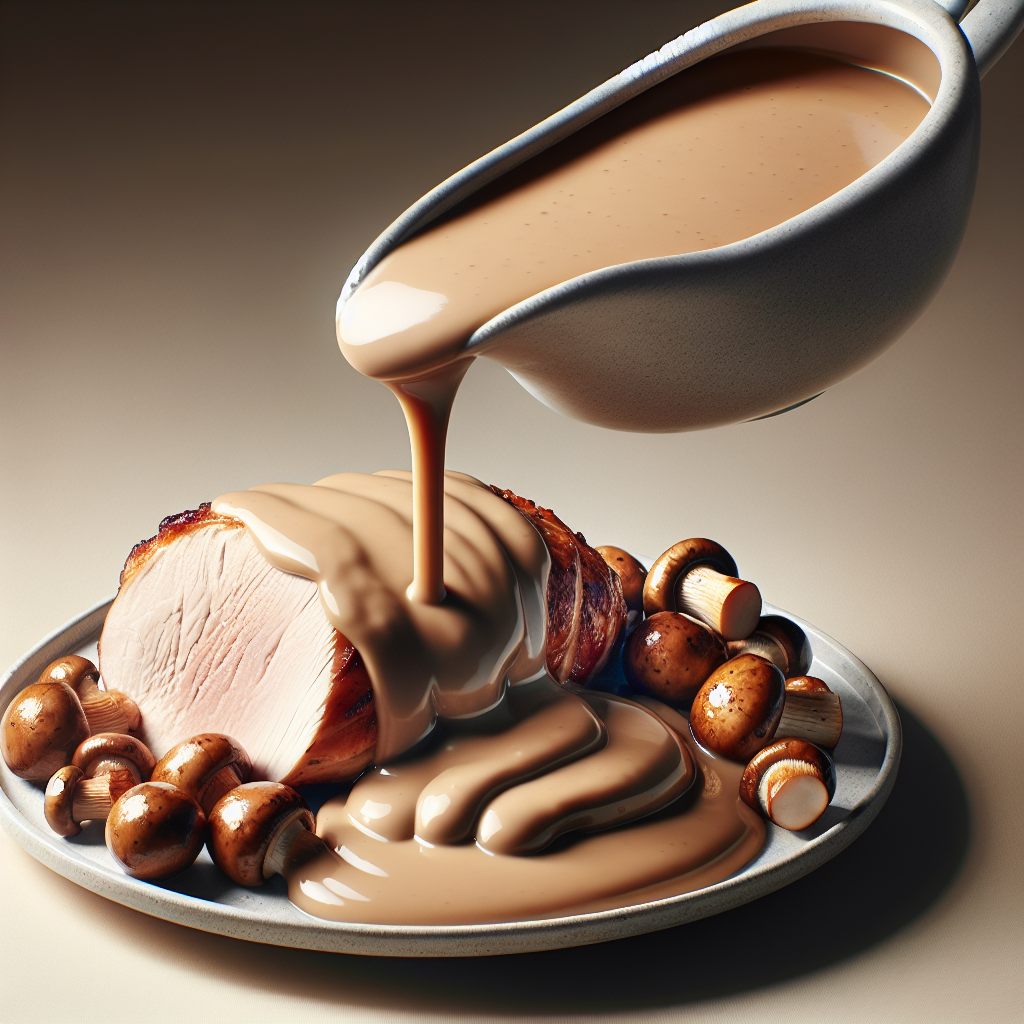Creamy mushroom gravy being poured over cooked turkey tenderloin