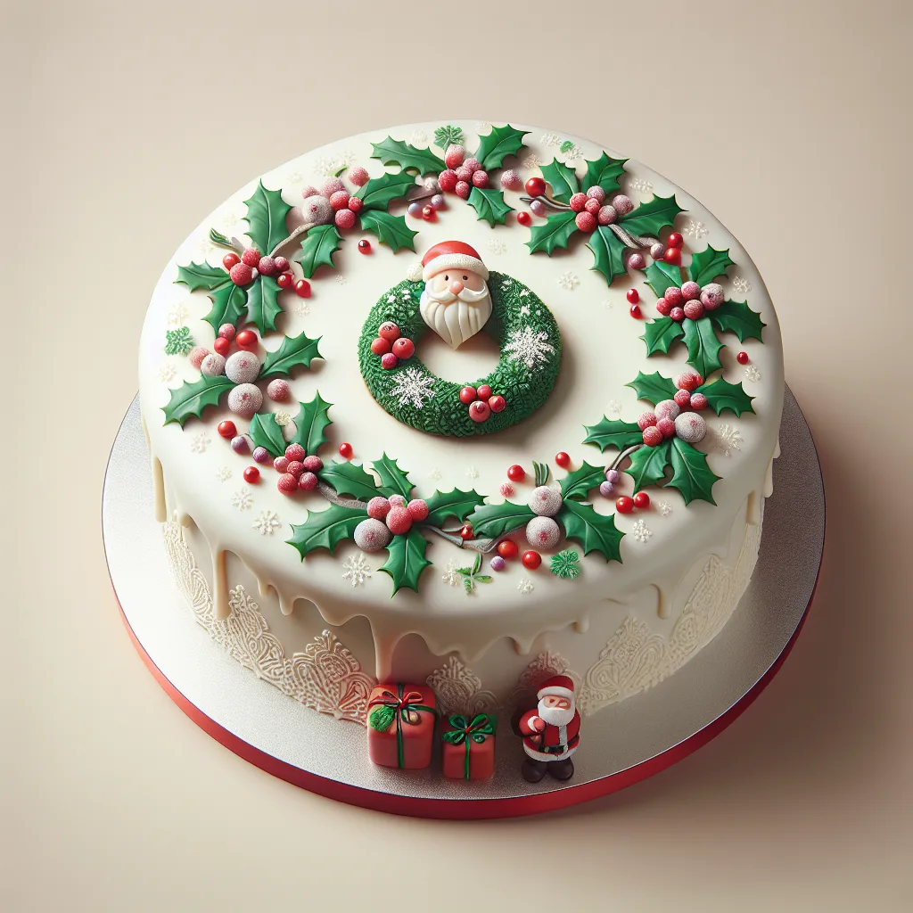 A traditional Irish Christmas cake covered with royal icing and decorated with festive elements.