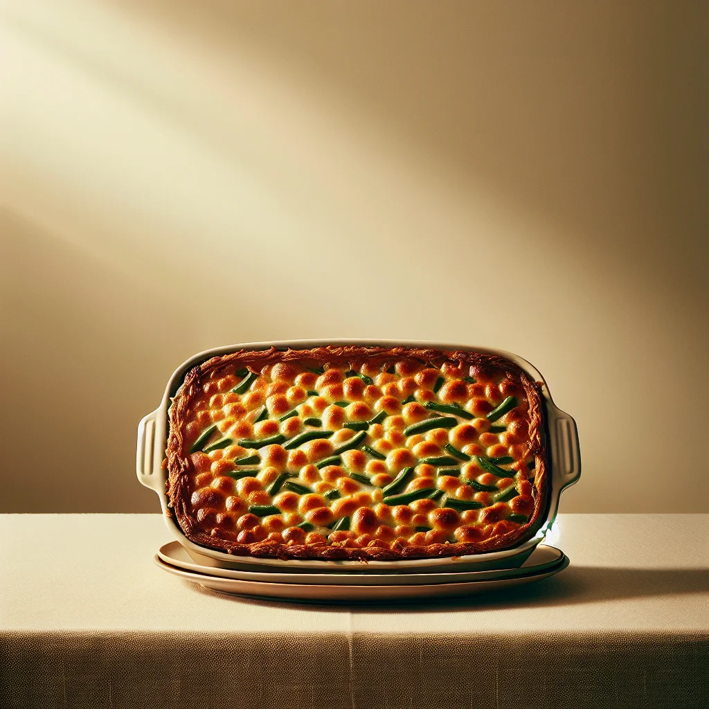 A golden brown green bean casserole on a holiday table