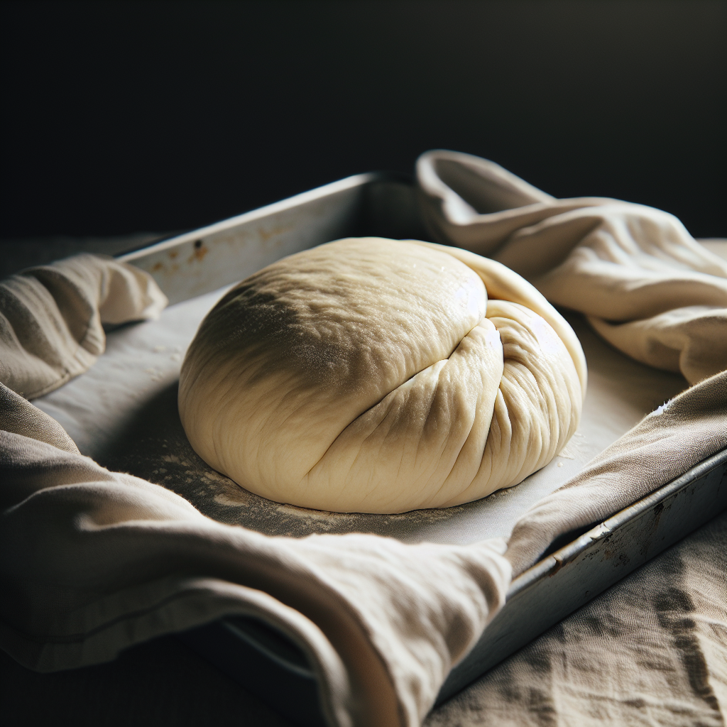 Shaped dough covered with a kitchen towel, placed on a baking sheet for the second rise.