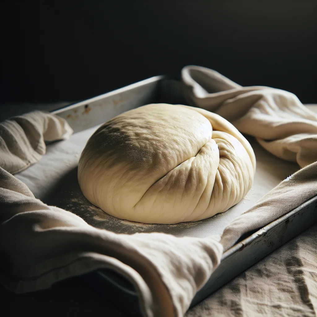Shaped dough covered with a kitchen towel, placed on a baking sheet for the second rise.