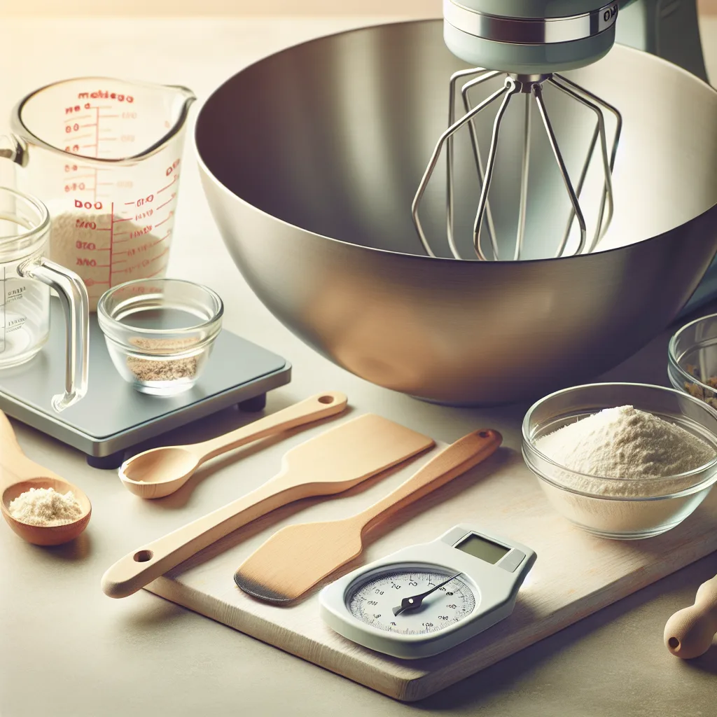 Baking tools laid out on a kitchen counter, including a large bowl, a paddle attachment, a measuring cup, a kitchen scale, and a rubber spatula.