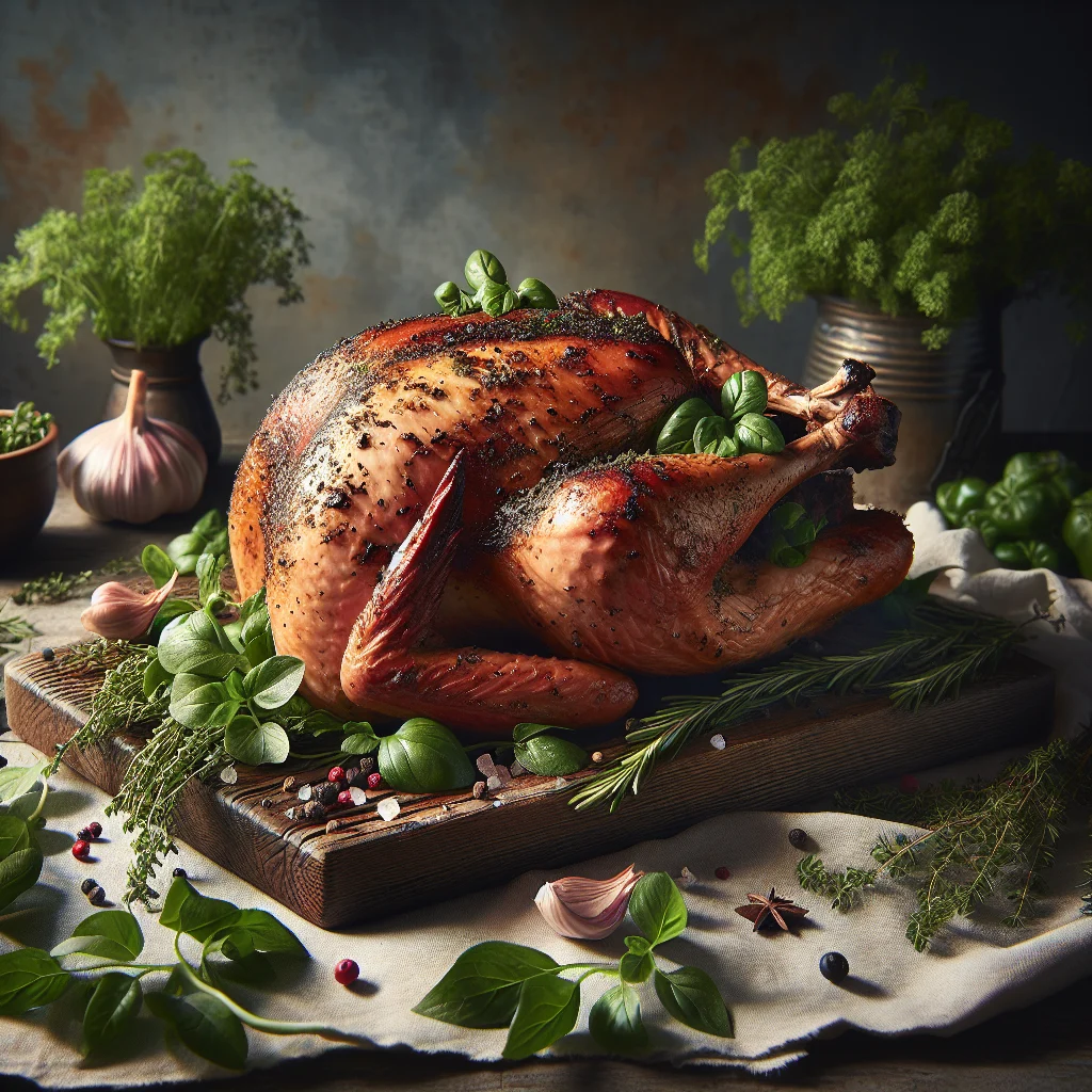 A smoked turkey on a wooden cutting board with fresh herbs around it.