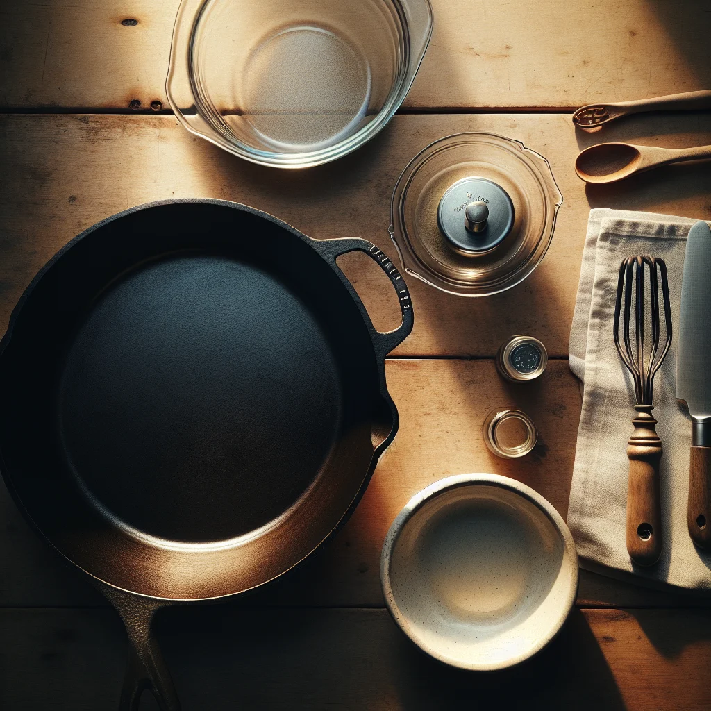 top view of a large skillet, a glass casserole dish and a ceramic mixing bowl on a wooden countertop