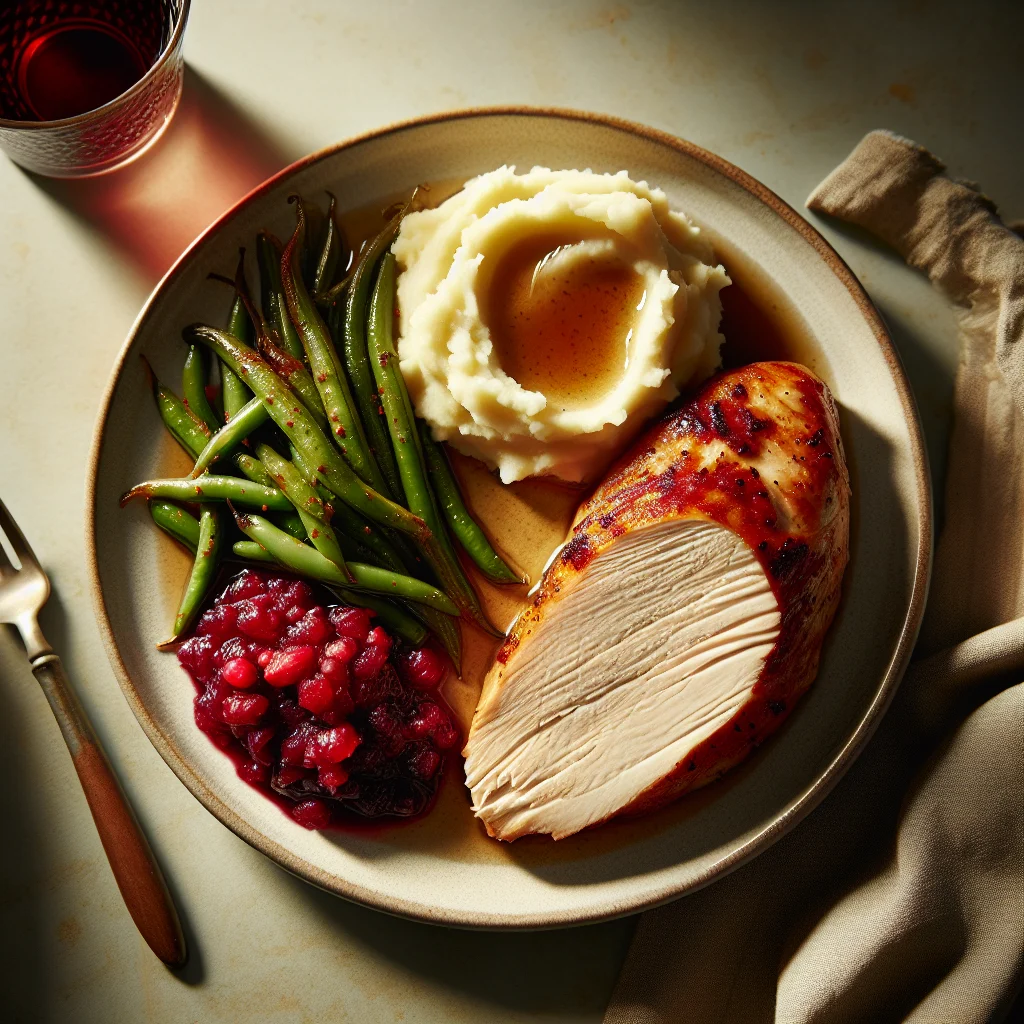 Turkey tenderloin served with mashed potatoes, green beans and cranberry sauce