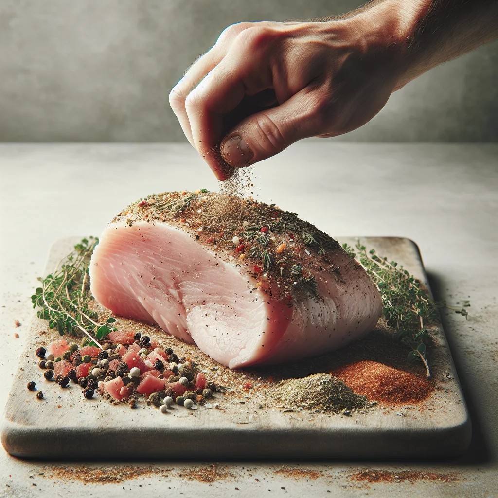 Turkey tenderloin being seasoned with herbs and spices