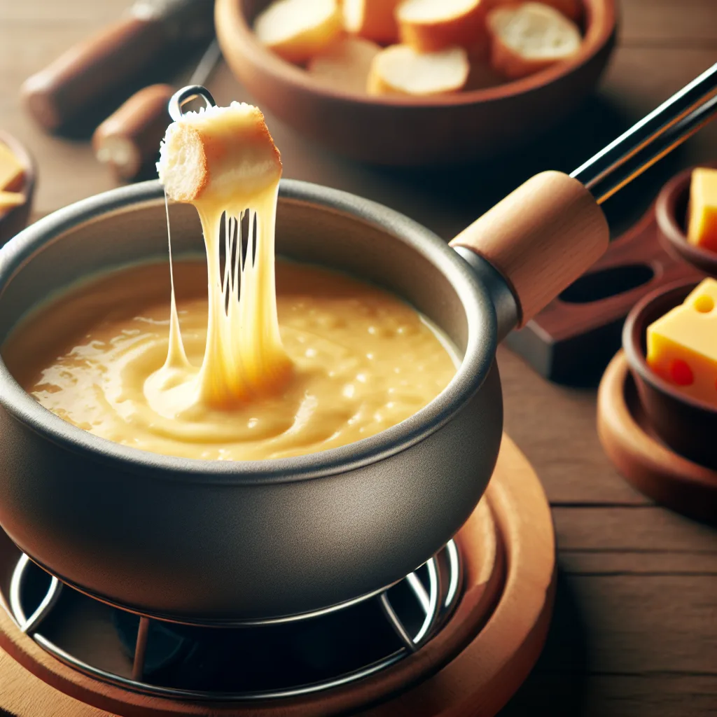 A close-up of a delicious looking cheesy fondue in a fondue pot