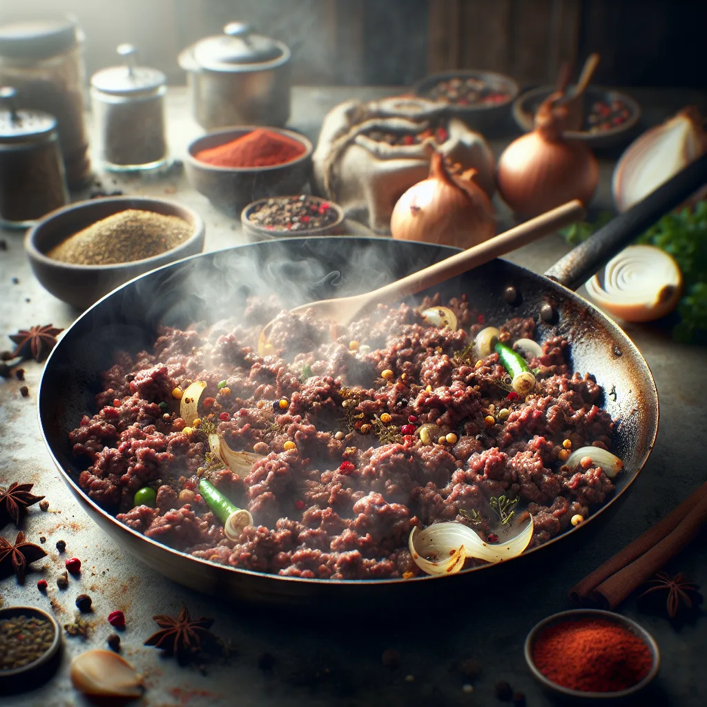 spices and ground beef in a large skillet