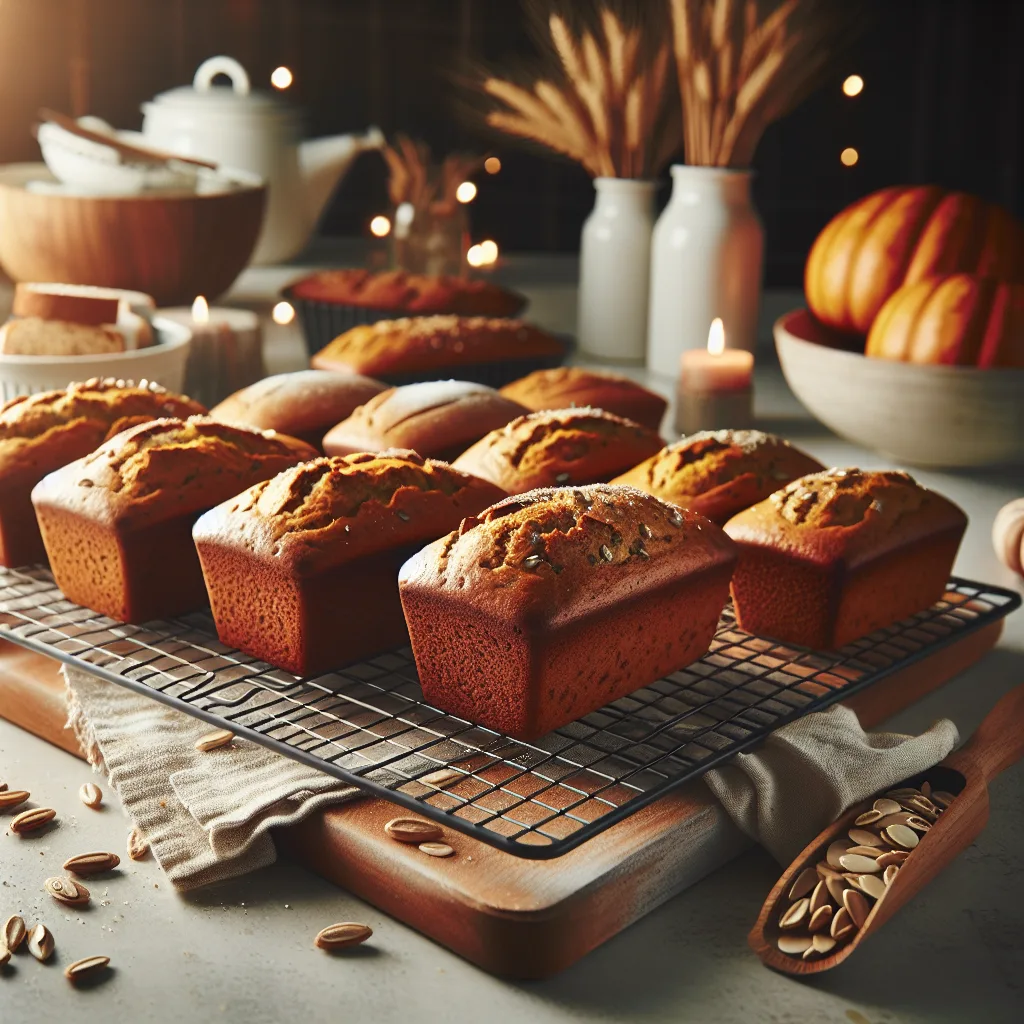 Several freshly baked mini loaves of pumpkin bread on a cooling rack.