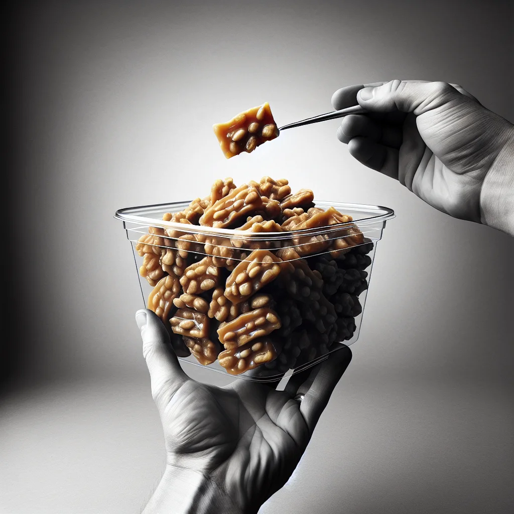 Peanut brittle in a plastic container, ready to be frozen