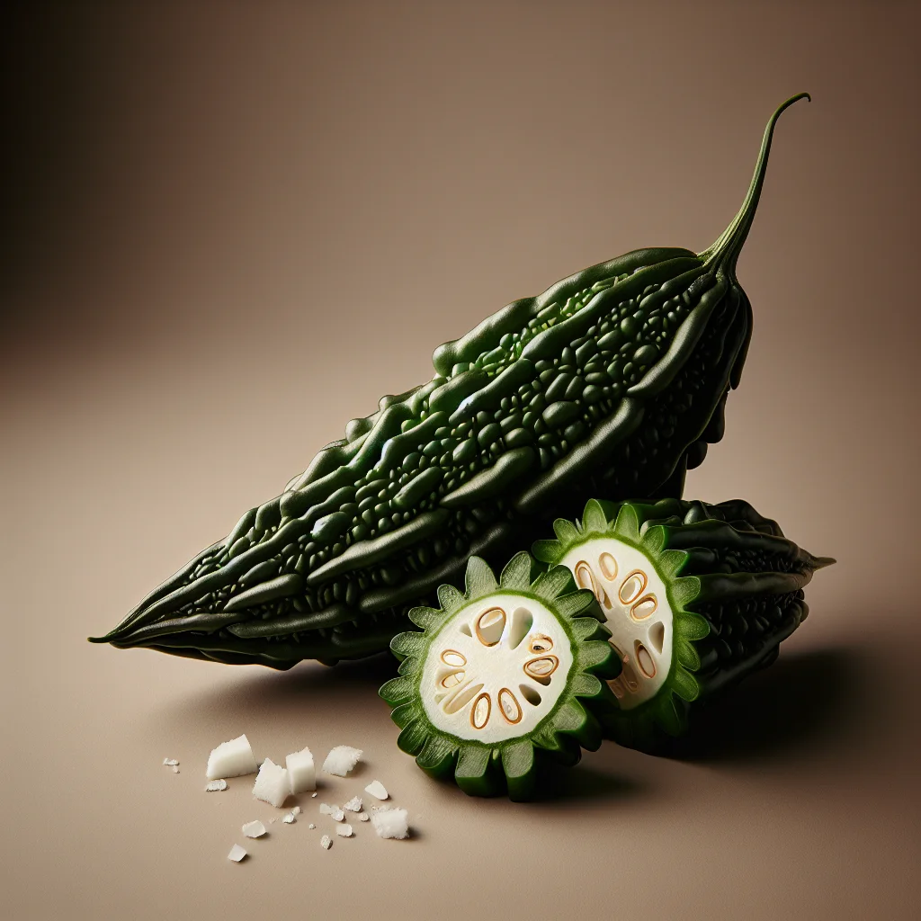 A close-up of a whole and sliced bitter melon, also known as ampalaya, showcasing its dark green skin and white pith.
