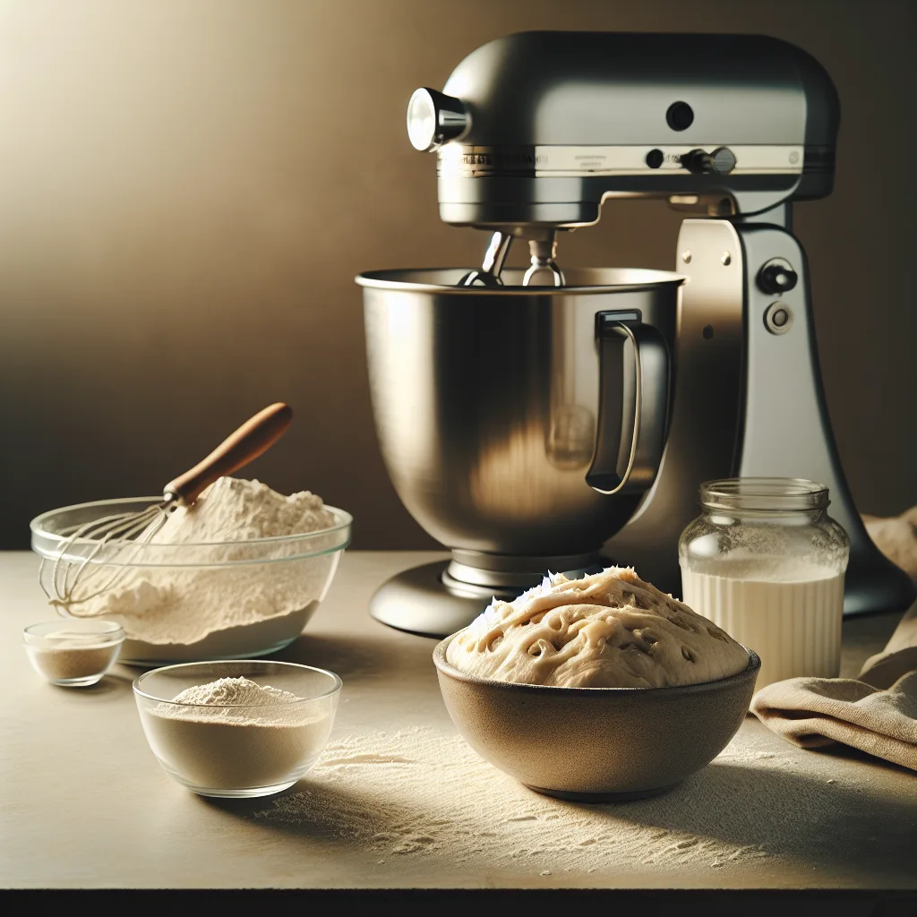 Creating dough in a stand mixer. On the side, a bowl of yeast mixture and a cup of flour are visible.