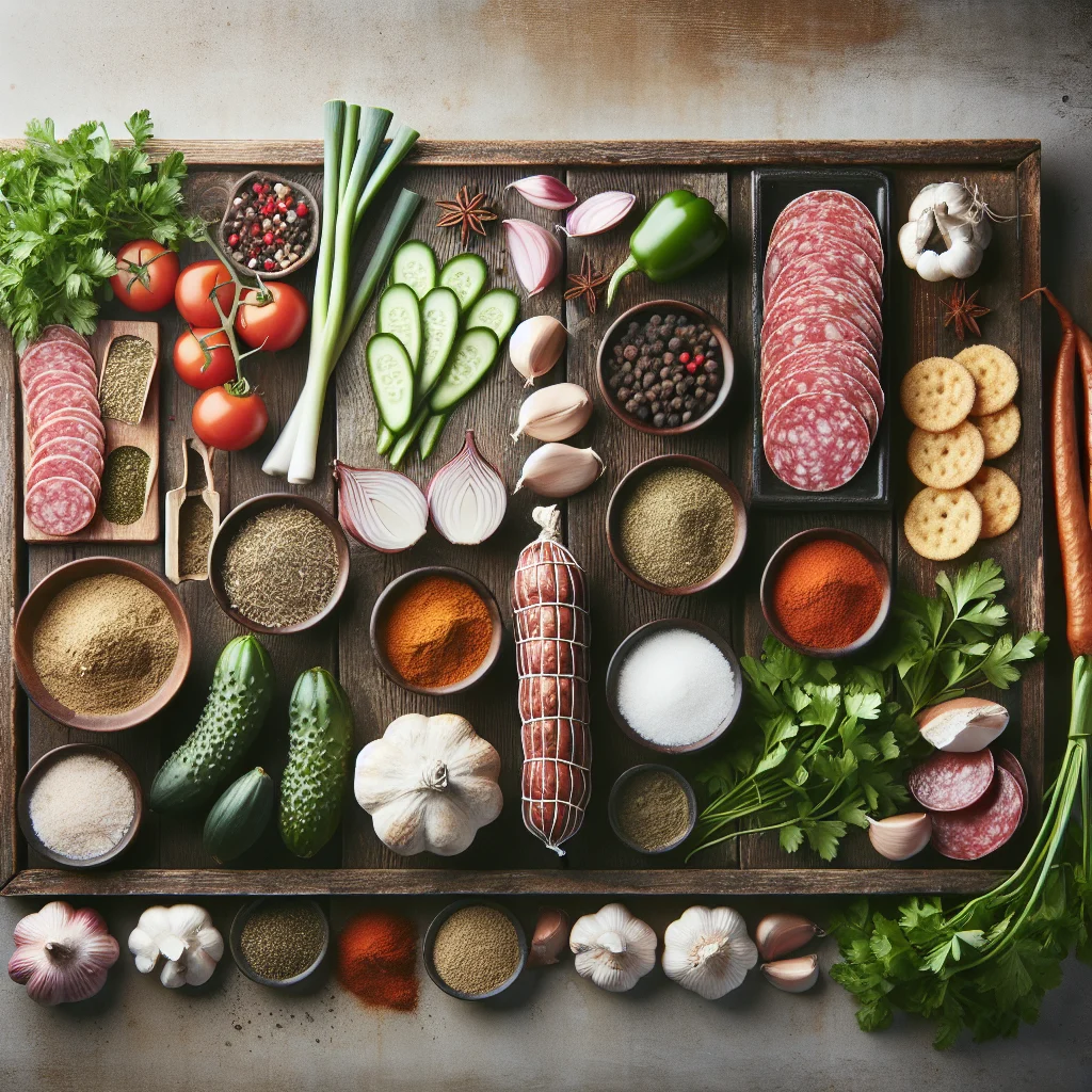 Dominican salami recipe ingredients spread out on a wooden table
