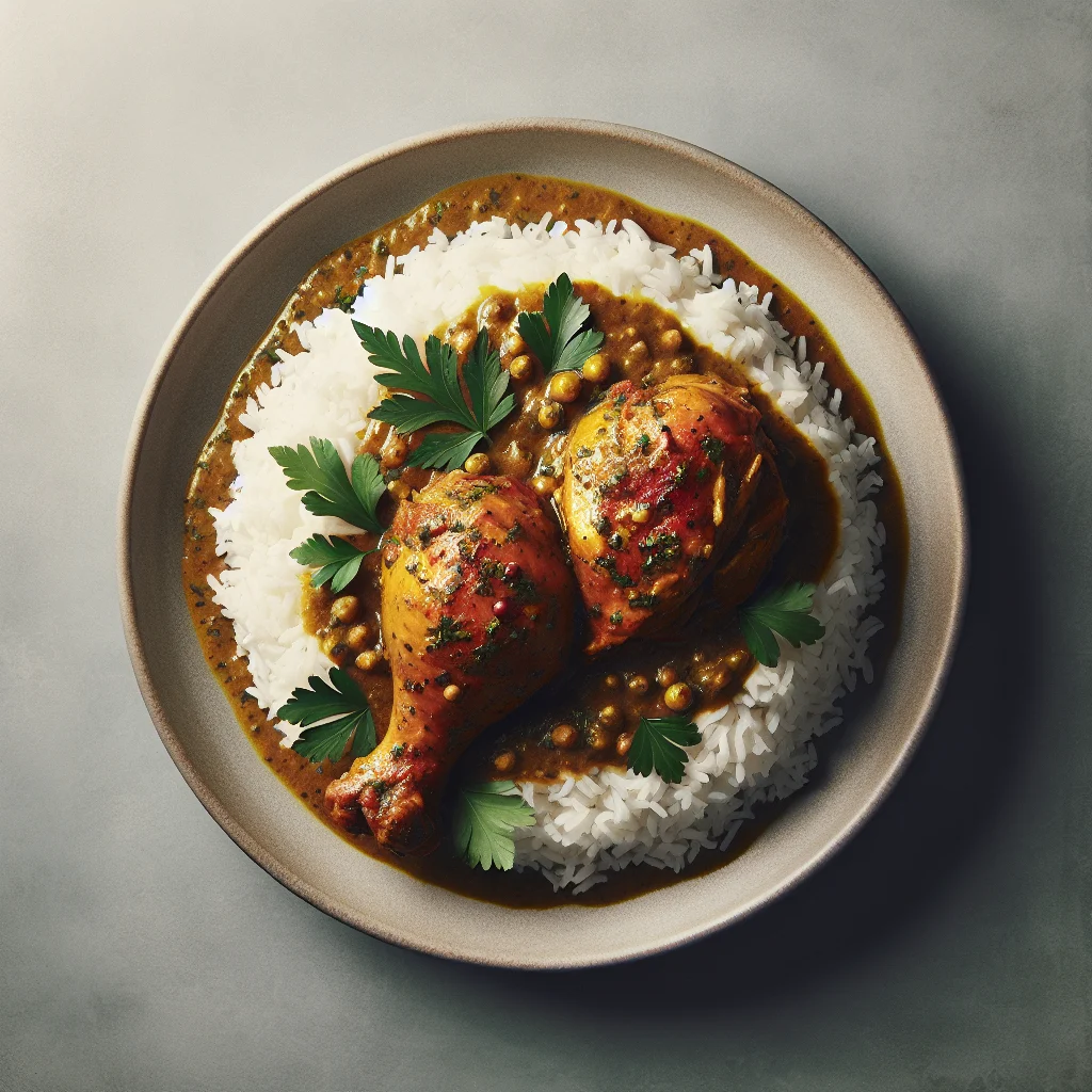 A vibrant plate of traditional Jamaican curry chicken served on a bed of white rice, garnished with fresh herbs.