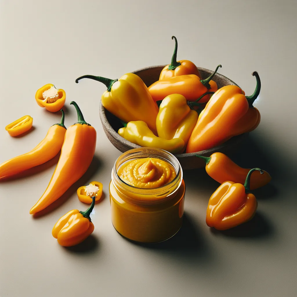 Aji Amarillo peppers and ajar of Aji Amarillo paste, the key ingredients for Peruvian yellow sauce.
