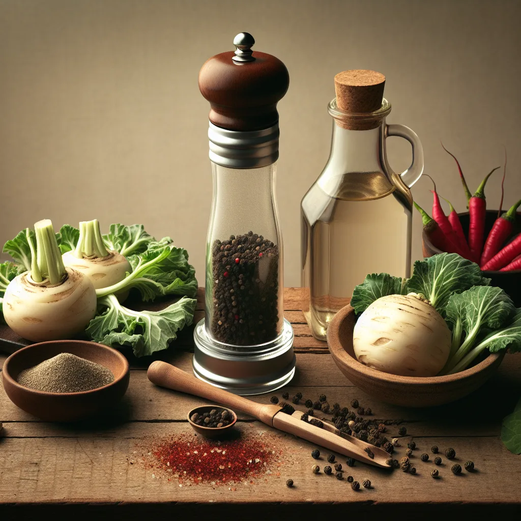 A table filled with the spices needed for turnip greens, including black pepper, red pepper flakes, and apple cider vinegar.