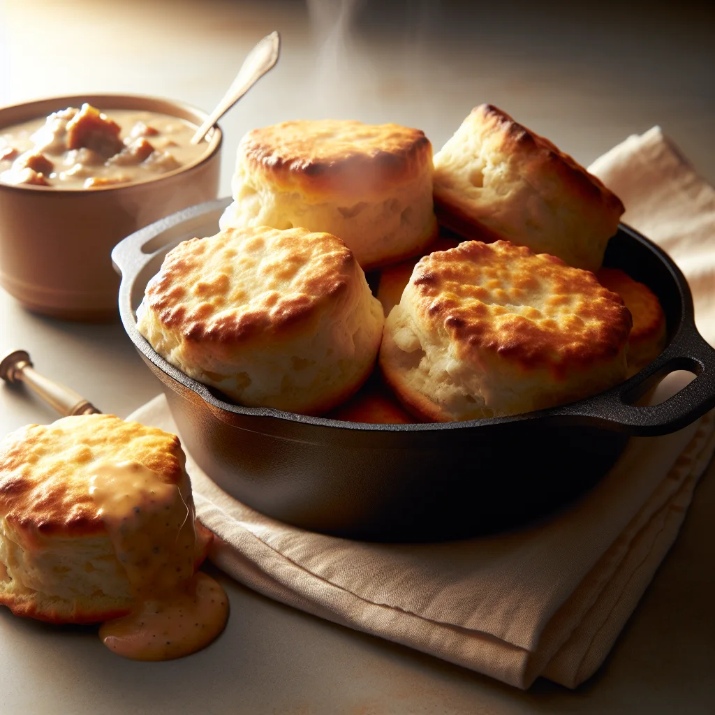 Golden brown dutch oven biscuits served with creamy sausage gravy