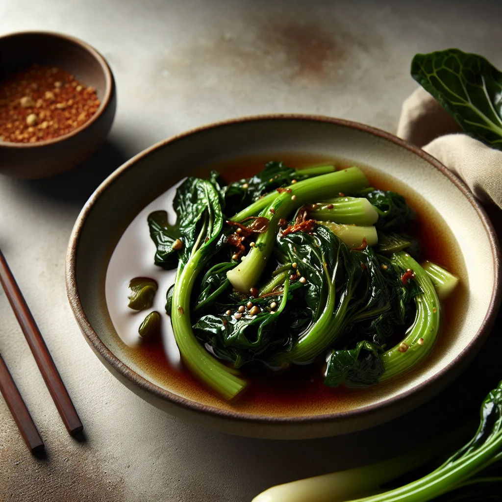 A close-up view of freshly cooked turnip greens, glistening with flavorsome broth and spices.