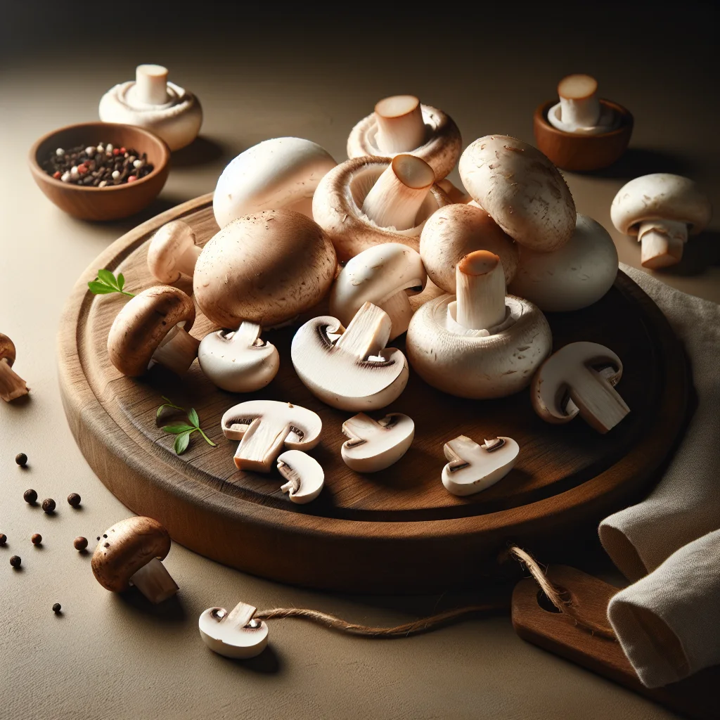 A variety of fresh white, button, and cremini mushrooms displayed on a wooden cutting board.