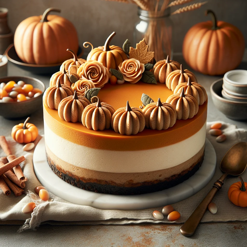 A beautifully decorated pumpkin mousse cheesecake on a dessert table, ready to be served