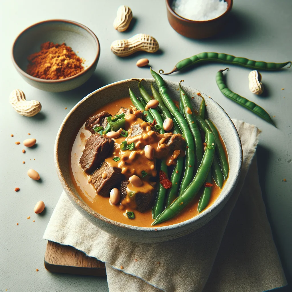 A bowl of kare kare with beef oxtail, green beans, and thick peanut sauce.