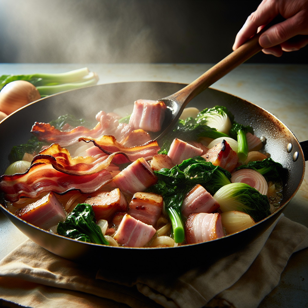 Chunks of savory country ham and bacon being sautéed in a pan, ready to be added to the turnip greens.