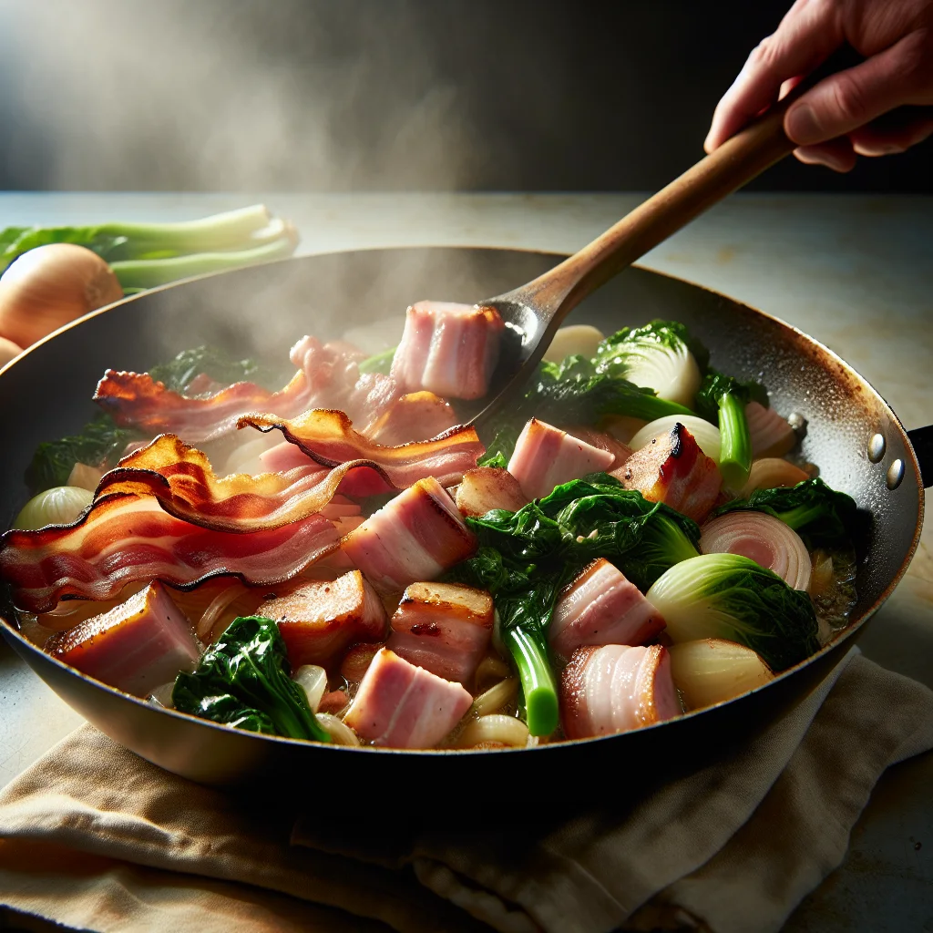 Chunks of savory country ham and bacon being sautéed in a pan, ready to be added to the turnip greens.