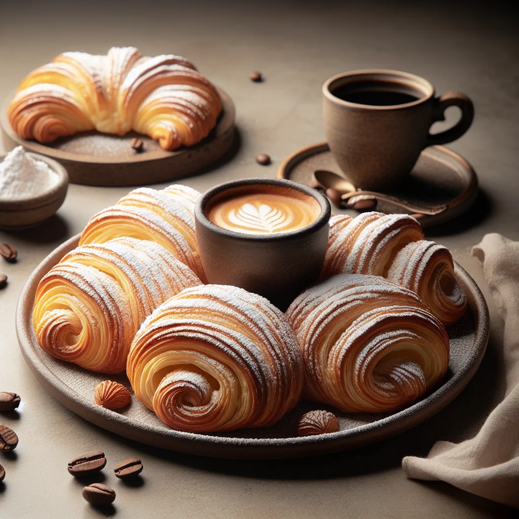 Freshly baked cueca virada pastries dusted with powdered sugar, served with a cup of hot coffee