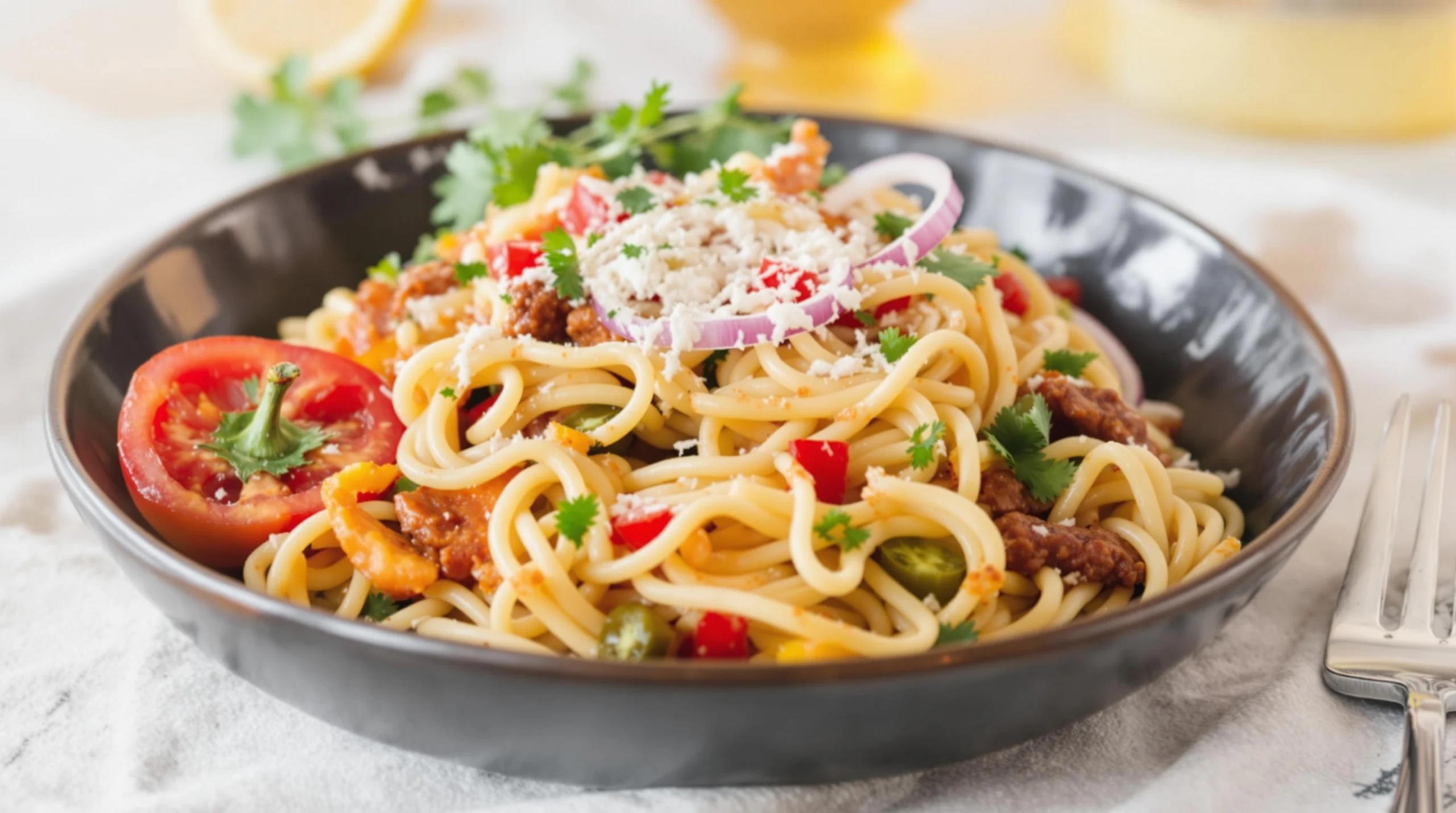 Fresh ingredients of Rattlesnake Pasta including bell peppers, onions, and parsley.