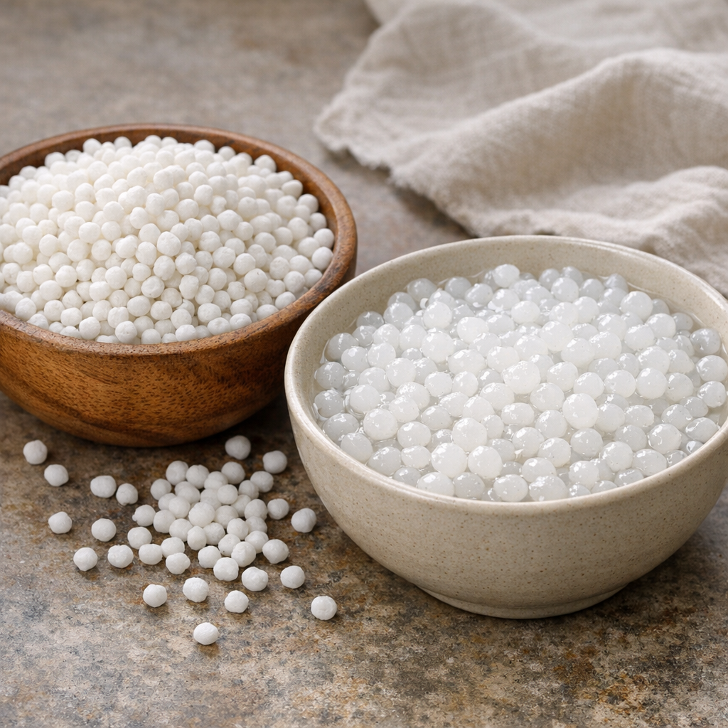 Close up of dry white sabudana pearls in a wooden bowl beside soaked sabudana pearls in a ceramic bowl on a rustic kitchen counter