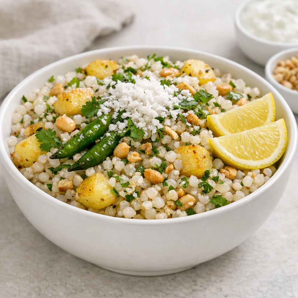 Finished Maharashtrian sabudana khichdi served in a white bowl with golden potato pieces, crushed peanuts, green chillies, coriander leaves, grated coconut, and lemon wedges