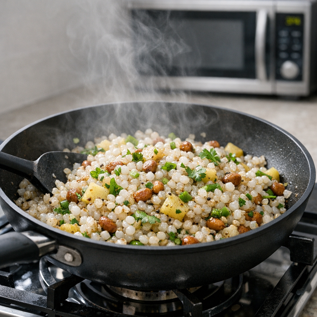 Fresh sabudana khichdi in a non-stick pan on a stove top with steam rising and a small microwave in the background for modern kitchen context