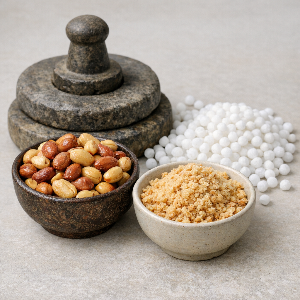 Roasted peanuts and coarse peanut powder in small bowls beside a traditional Indian spice grinder and sabudana pearls