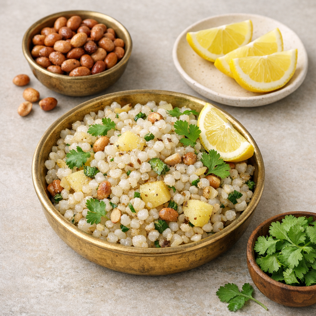 A bright Maharashtrian fasting meal table with sabudana khichdi in a brass bowl, roasted peanuts, lemon wedges, and fresh coriander leaves