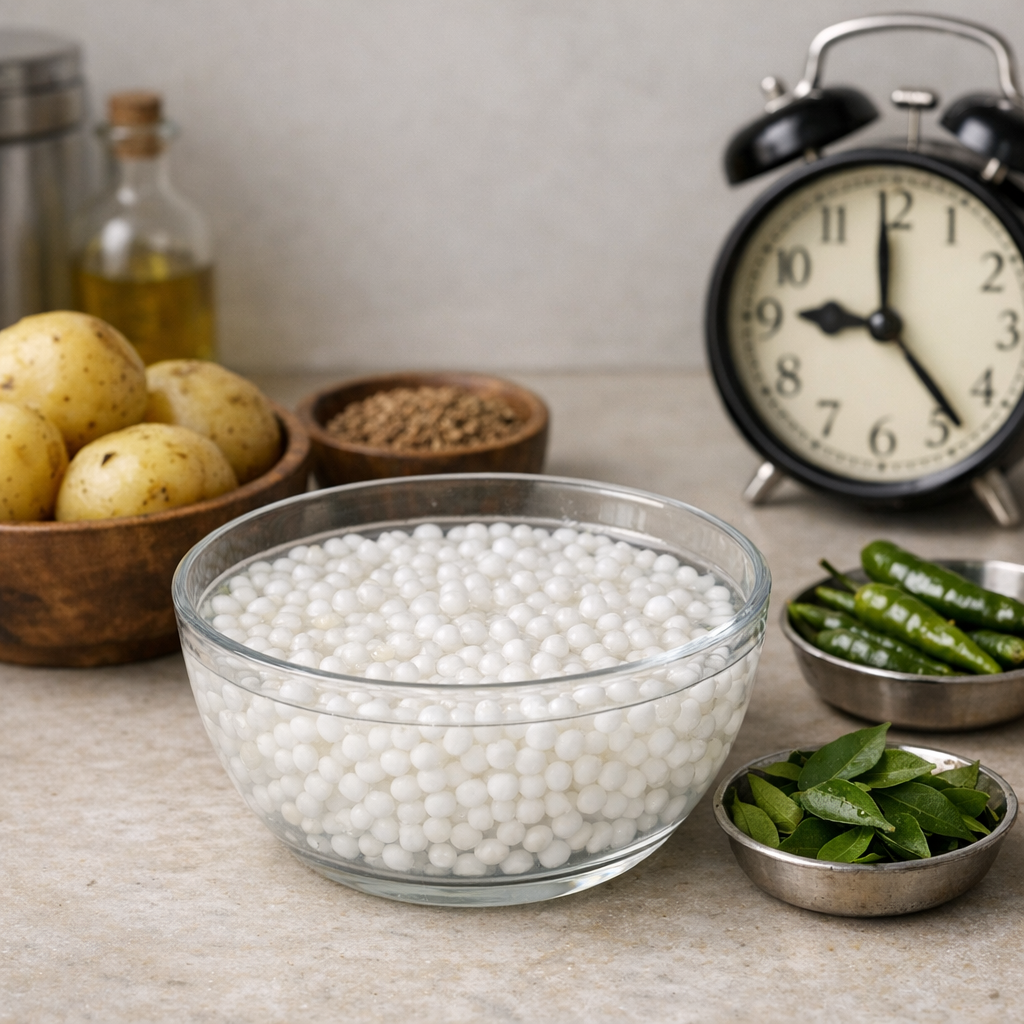 A calm Indian kitchen scene with soaked sabudana in a glass bowl, boiled potatoes, green chillies, curry leaves, cumin seeds, and a clock in the background