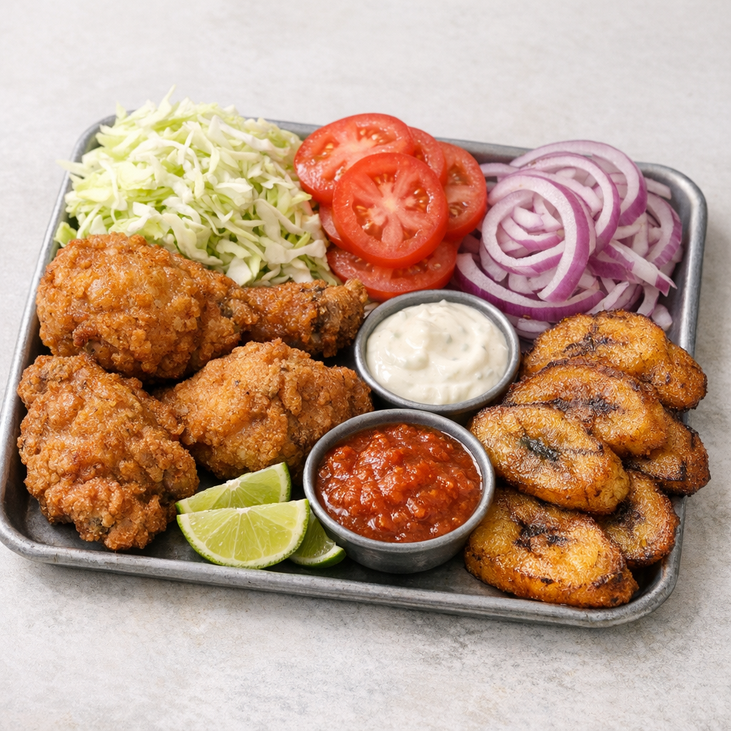 Assorted ingredients for Honduran fried chicken with cabbage, tomatoes, onions, lime, plantains, and sauces arranged on a small tray