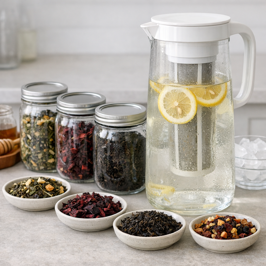Assorted tea leaves, mason jars, and a pitcher set up for cold brewing tea in a home kitchen