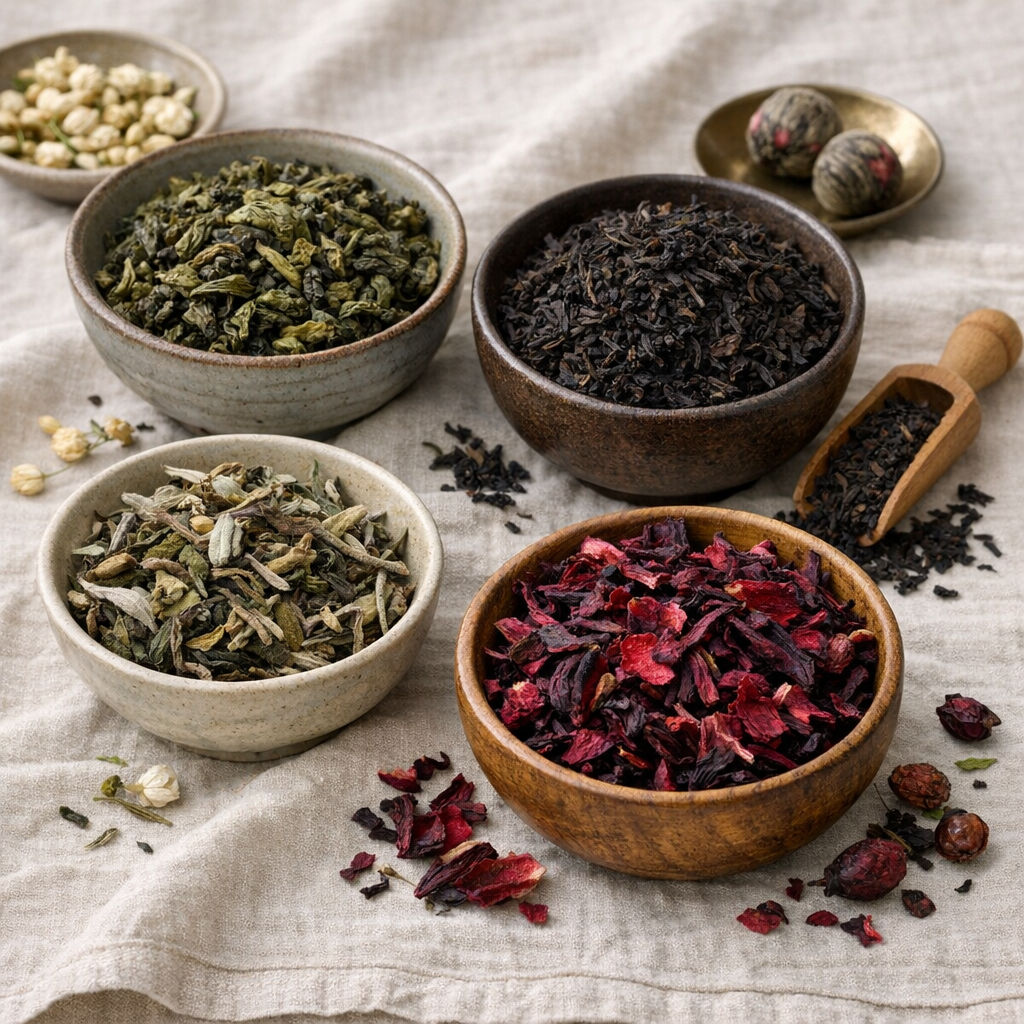 Assorted tea varieties including green tea, black tea, white tea, and hibiscus tea arranged on a linen cloth