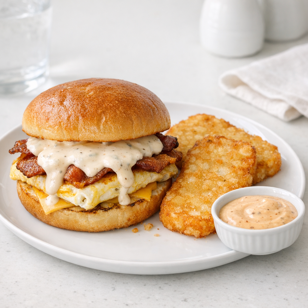 Breakfast sandwich with creamy sauce, hash browns, and a small dish of dipping sauce beside it on a bright kitchen counter