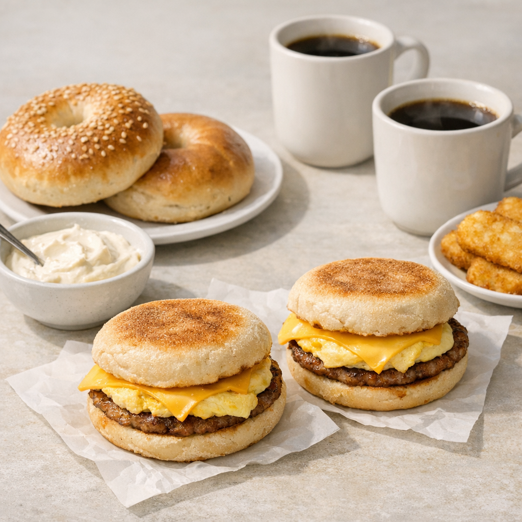 Casual breakfast table with a sauce bowl, bagels, egg sandwiches, and coffee in soft morning light for a nostalgic fast food inspired brunch
