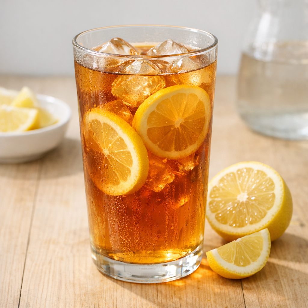 Chilled glass of cold brewed tea with lemon slices on a bright wooden table