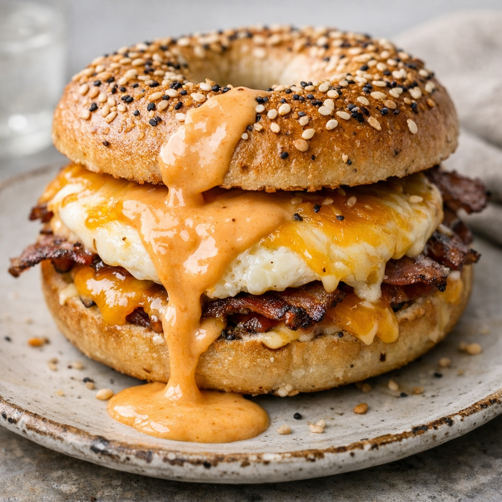 Close-up of a bagel breakfast sandwich with creamy orange breakfast sauce dripping over egg and melted cheese on a rustic plate